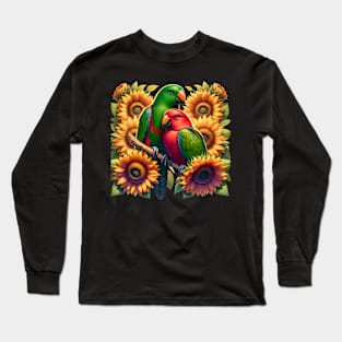 Eclectus Parrots Couple Male and Female with Sunflowers Long Sleeve T-Shirt